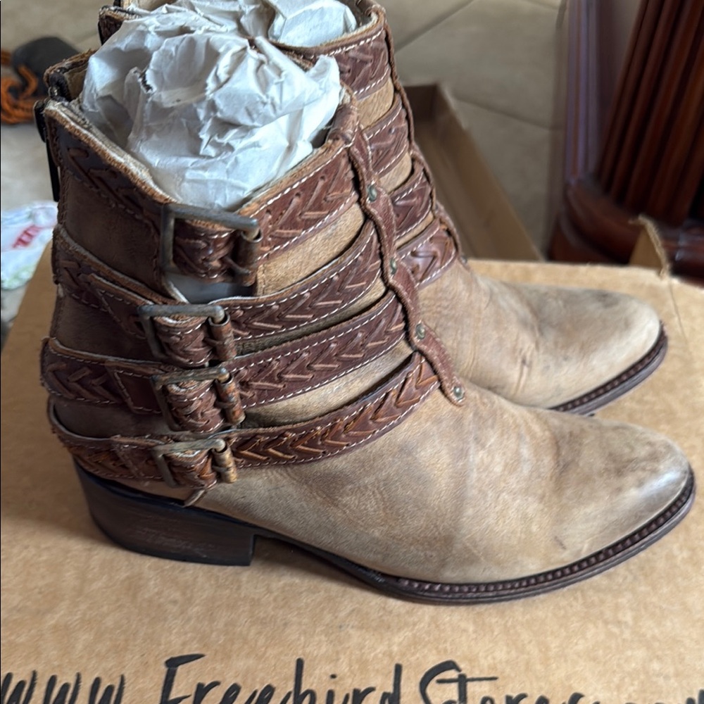 Freebird Brown Leather Ankle Booties with Straps. Ropers